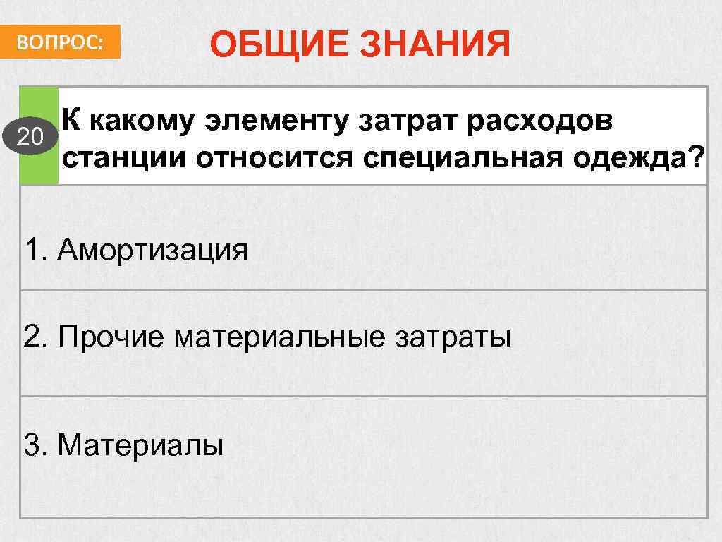 ВОПРОС: ОБЩИЕ ЗНАНИЯ К какому элементу затрат расходов 20 станции относится специальная одежда? 1.