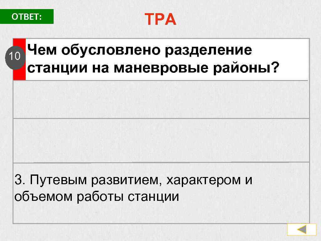 ОТВЕТ: 10 ТРА Чем обусловлено разделение станции на маневровые районы? 3. Путевым развитием, характером