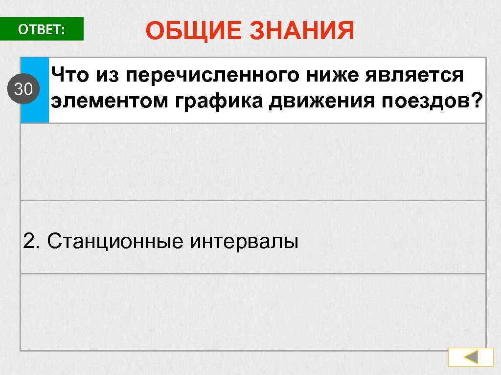 ОТВЕТ: ОБЩИЕ ЗНАНИЯ Что из перечисленного ниже является 30 элементом графика движения поездов? 2.