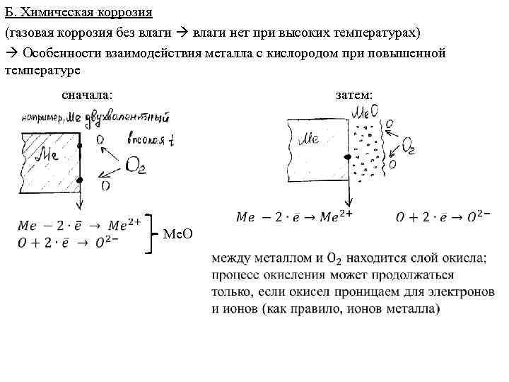 Б. Химическая коррозия (газовая коррозия без влаги нет при высоких температурах) Особенности взаимодействия металла