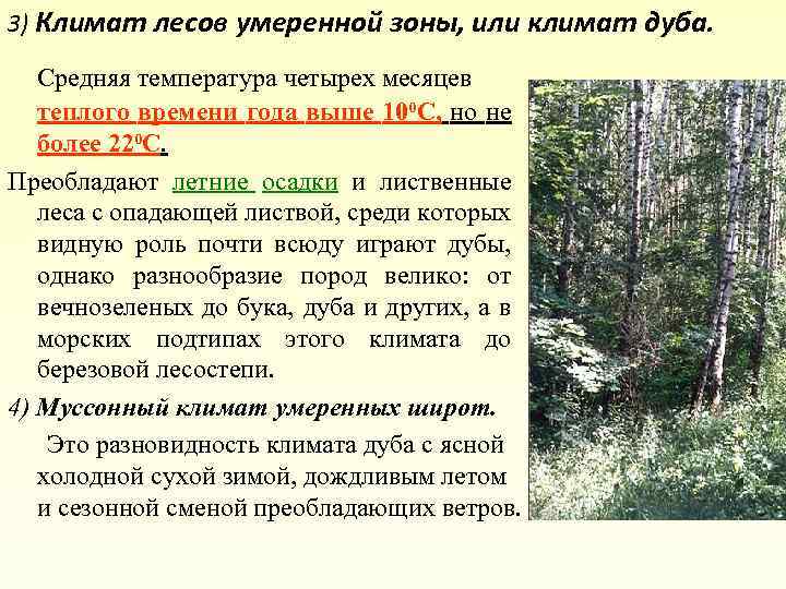 3) Климат лесов умеренной зоны, или климат дуба. Средняя температура четырех месяцев теплого времени