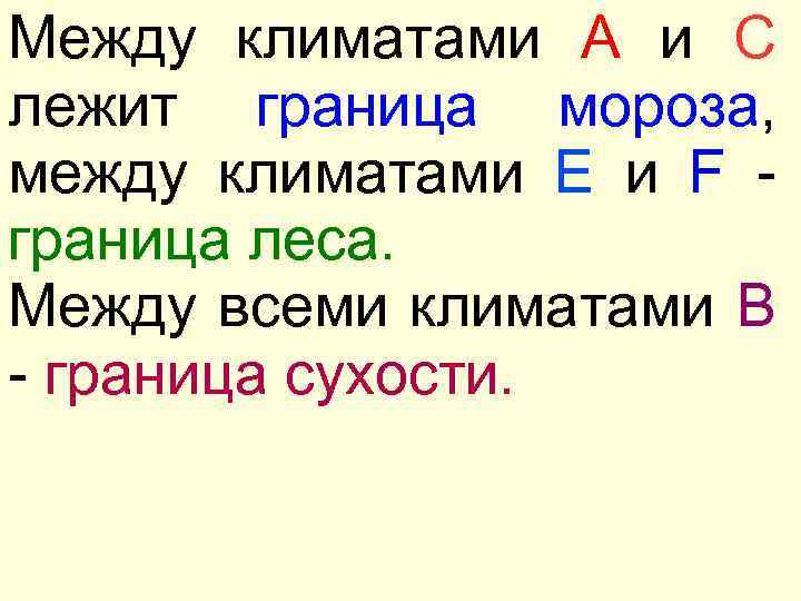Между климатами А и С лежит граница мороза, между климатами Е и F граница
