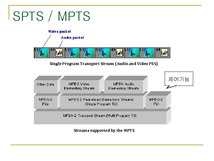 SPTS / MPTS Single Program Transport Stream (Audio and Video PES) 제어기능 Streams supported