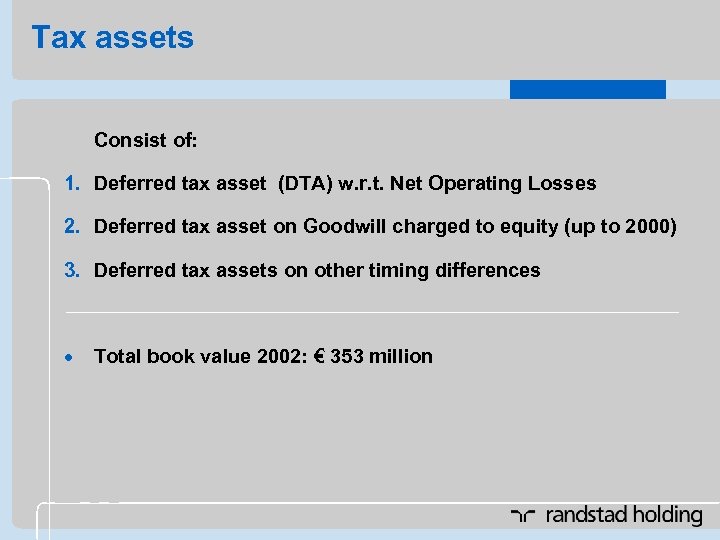 Tax assets Consist of: 1. Deferred tax asset (DTA) w. r. t. Net Operating