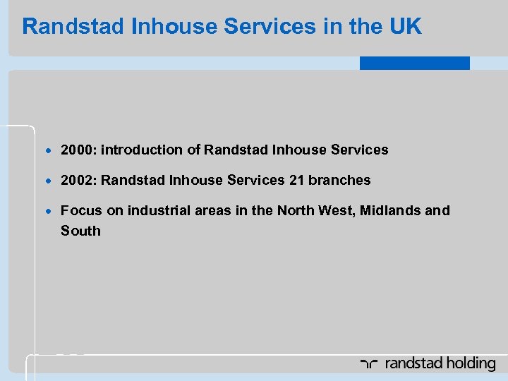 Randstad Inhouse Services in the UK · 2000: introduction of Randstad Inhouse Services ·