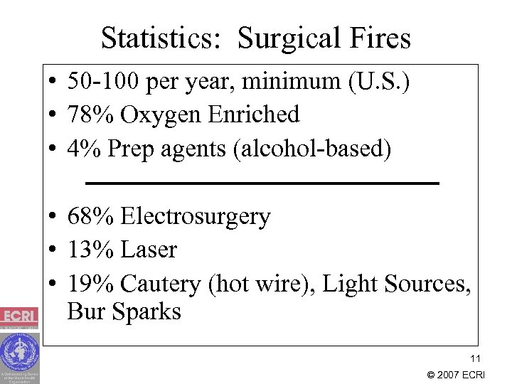 Statistics: Surgical Fires • 50 -100 per year, minimum (U. S. ) • 78%