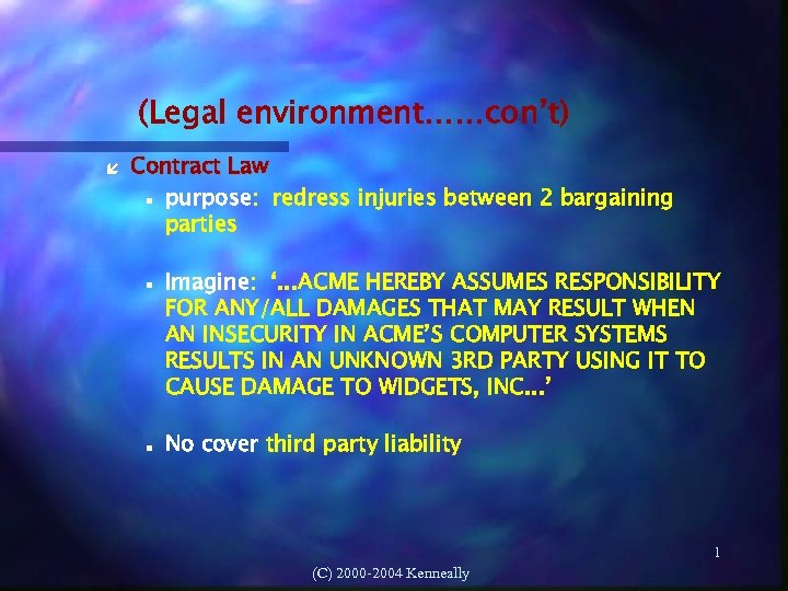 (Legal environment……con’t) Contract Law purpose: redress injuries between 2 bargaining parties Imagine: ‘. .