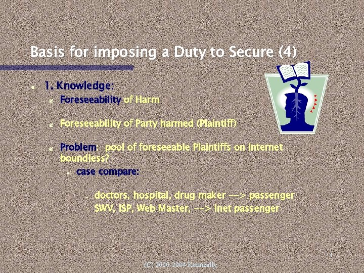 Basis for imposing a Duty to Secure (4) 1. Knowledge: Foreseeability of Harm Foreseeability