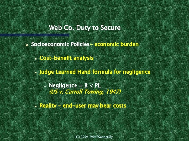 Web Co. Duty to Secure Socioeconomic Policies- economic burden Policies Cost-benefit analysis Judge Learned