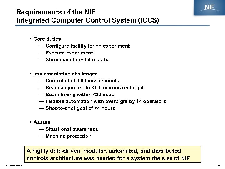 Requirements of the NIF Integrated Computer Control System (ICCS) • Core duties — Configure