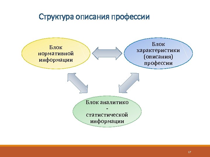 Структура описания профессии Блок характеристики (описания) профессии Блок нормативной информации Блок аналитико статистической информации