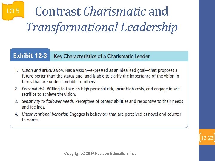 LO 5 Contrast Charismatic and Transformational Leadership 12 -23 Copyright © 2015 Pearson Education,