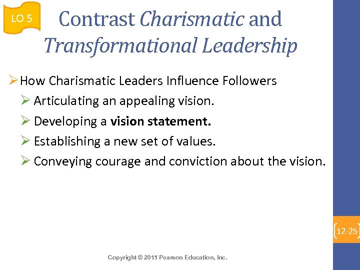 LO 5 Contrast Charismatic and Transformational Leadership ØHow Charismatic Leaders Influence Followers Ø Articulating