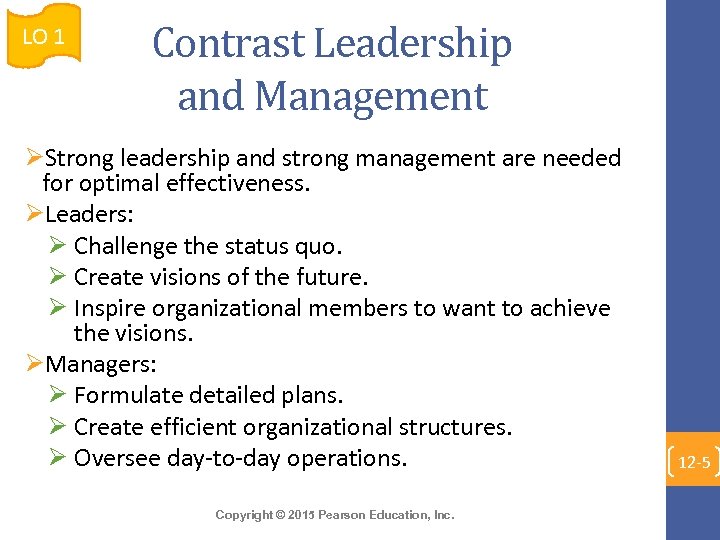 LO 1 Contrast Leadership and Management ØStrong leadership and strong management are needed for