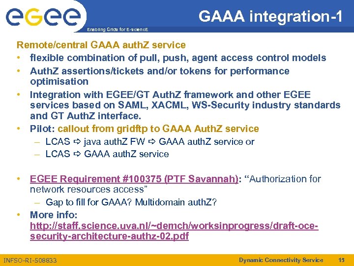 GAAA integration-1 Enabling Grids for E-scienc. E Remote/central GAAA auth. Z service • flexible