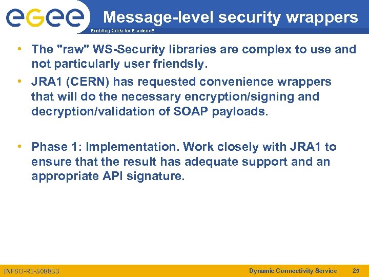 Message-level security wrappers Enabling Grids for E-scienc. E • The "raw" WS-Security libraries are