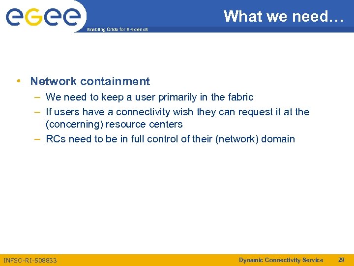 What we need… Enabling Grids for E-scienc. E • Network containment – We need