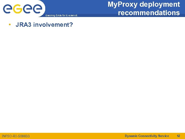 Enabling Grids for E-scienc. E My. Proxy deployment recommendations • JRA 3 involvement? INFSO-RI-508833