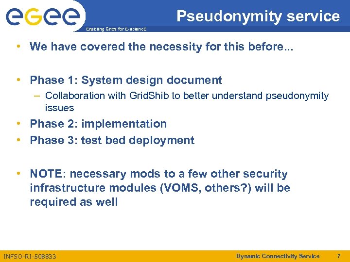 Pseudonymity service Enabling Grids for E-scienc. E • We have covered the necessity for