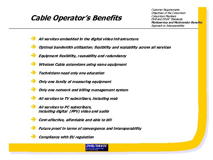 Cable Operator’s Benefits Customer Requirements Objectives of the Consortium Members DVB and DAVIC Standards