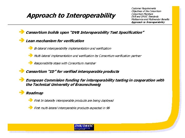 Approach to Interoperability Customer Requirements Objectives of the Consortium Members DVB and DAVIC Standards