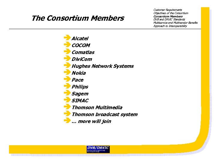 The Consortium Members âAlcatel âCOCOM âComatlas âDivi. Com âHughes Network Systems âNokia âPace âPhilips