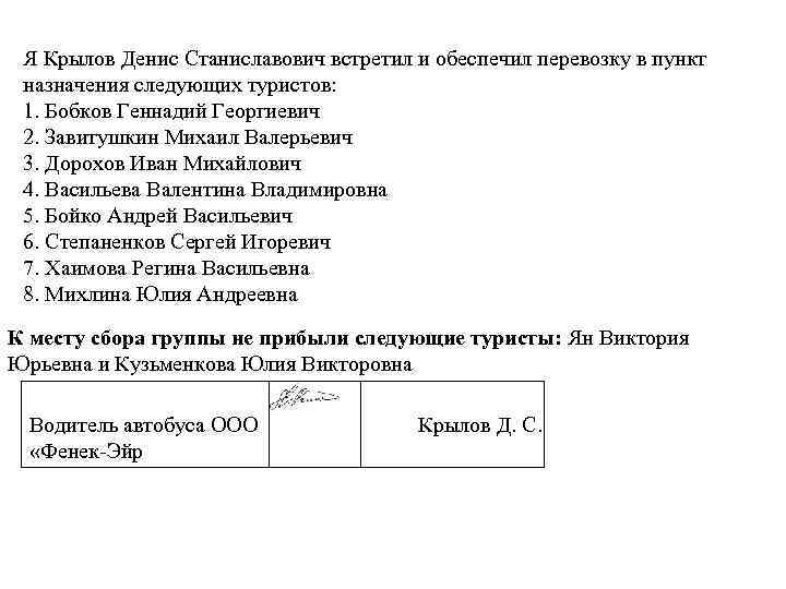 Я Крылов Денис Станиславович встретил и обеспечил перевозку в пункт назначения следующих туристов: 1.