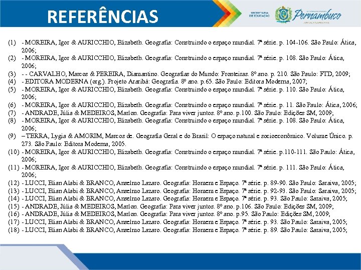 REFERÊNCIAS (1) - MOREIRA, Igor & AURICCHIO, Elizabeth. Geografia: Construindo o espaço mundial. 7ª