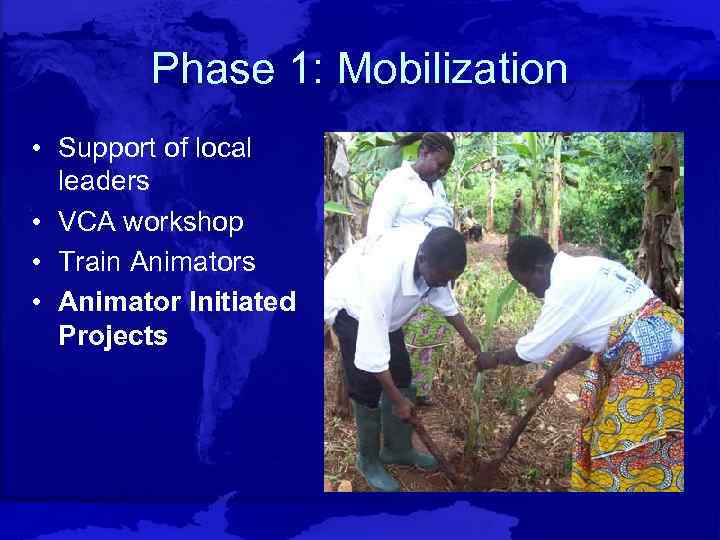 Phase 1: Mobilization • Support of local leaders • VCA workshop • Train Animators