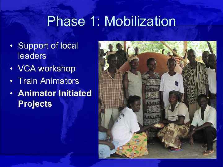 Phase 1: Mobilization • Support of local leaders • VCA workshop • Train Animators