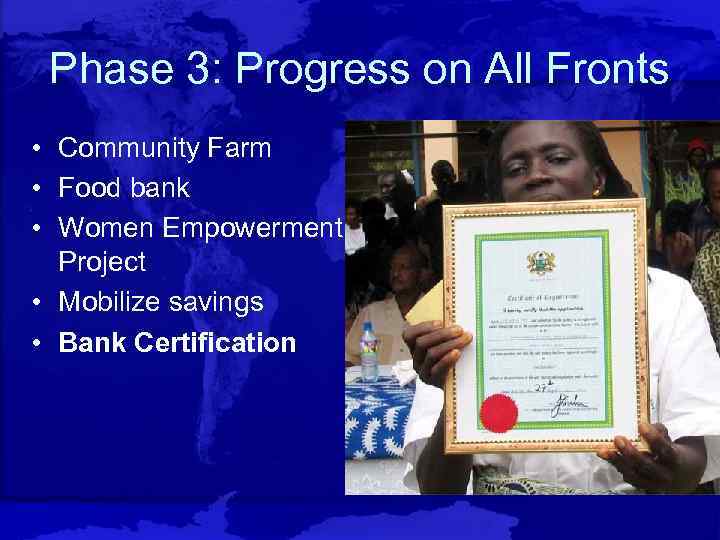 Phase 3: Progress on All Fronts • Community Farm • Food bank • Women