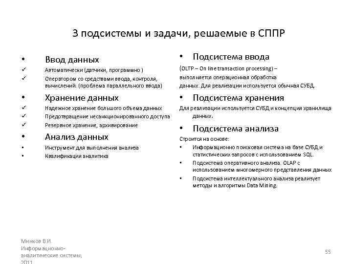 3 подсистемы и задачи, решаемые в СППР • Ввод данных • Подсистема ввода ü