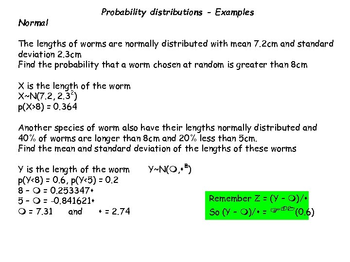 Normal Probability distributions - Examples The lengths of worms are normally distributed with mean