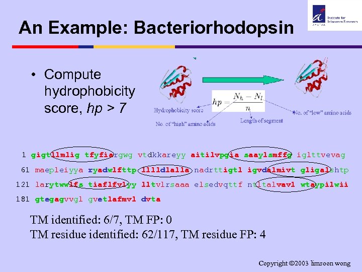 An Example: Bacteriorhodopsin • Compute hydrophobicity score, hp > 7 1 gigtllmlig tfyfiargwg vtdkkareyy