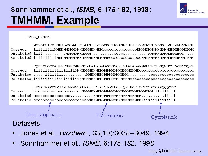 Sonnhammer et al. , ISMB, 6: 175 -182, 1998: TMHMM, Example Non-cytoplasmic TM segment