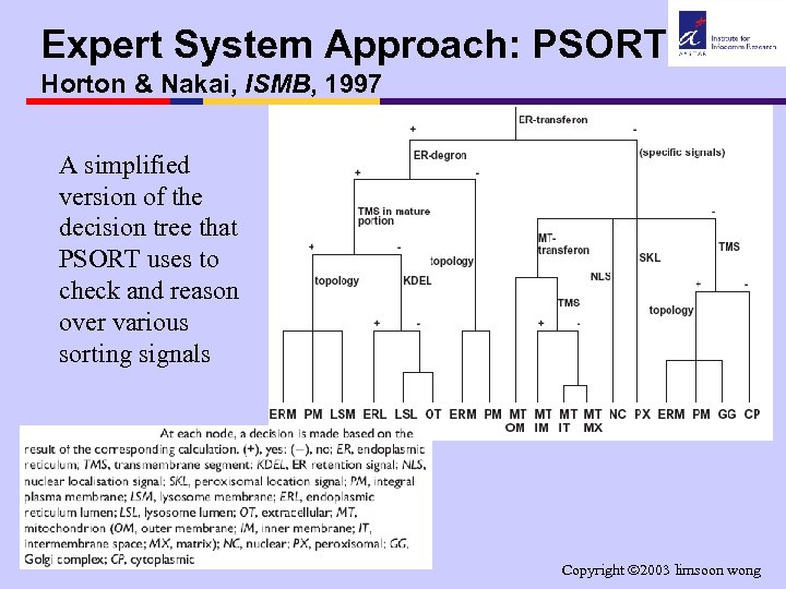 Expert System Approach: PSORT Horton & Nakai, ISMB, 1997 A simplified version of the