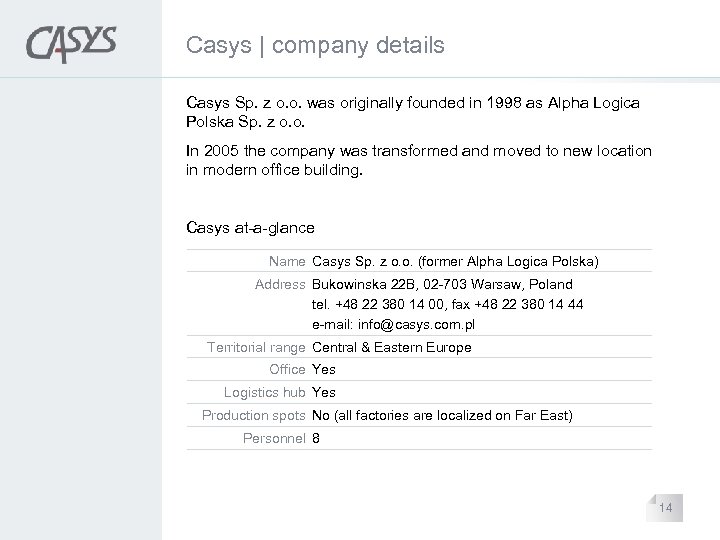 Casys | company details Casys Sp. z o. o. was originally founded in 1998