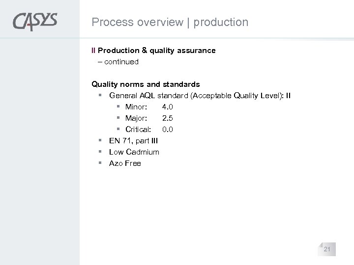 Process overview | production II Production & quality assurance – continued Quality norms and