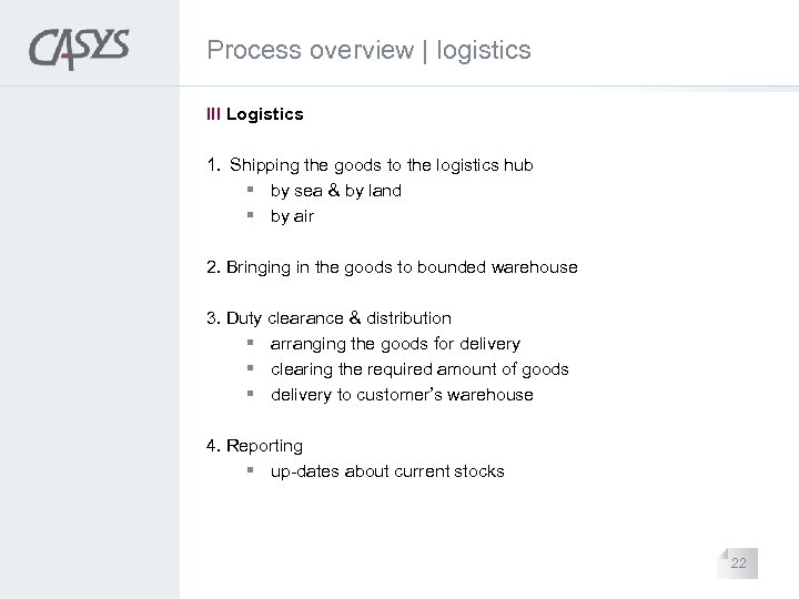 Process overview | logistics III Logistics 1. Shipping the goods to the logistics hub