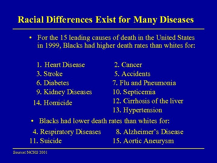 Racial Differences Exist for Many Diseases • For the 15 leading causes of death