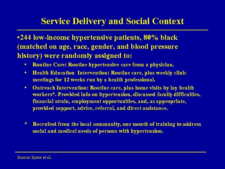 Service Delivery and Social Context • 244 low-income hypertensive patients, 80% black (matched on