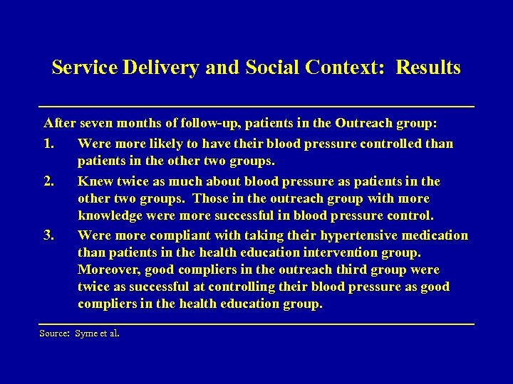 Service Delivery and Social Context: Results After seven months of follow-up, patients in the