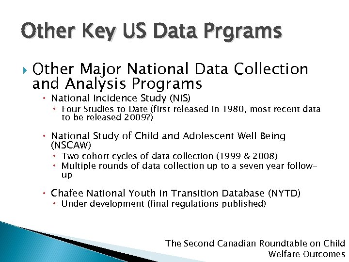 Other Key US Data Prgrams Other Major National Data Collection and Analysis Programs National