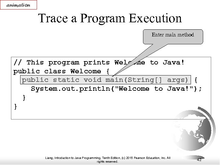 animation Trace a Program Execution Enter main method // This program prints Welcome to