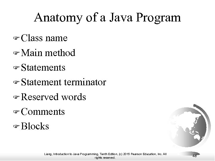 Anatomy of a Java Program Class name Main method Statements Statement terminator Reserved words