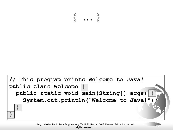 { … } // This program prints Welcome to Java! public class Welcome {