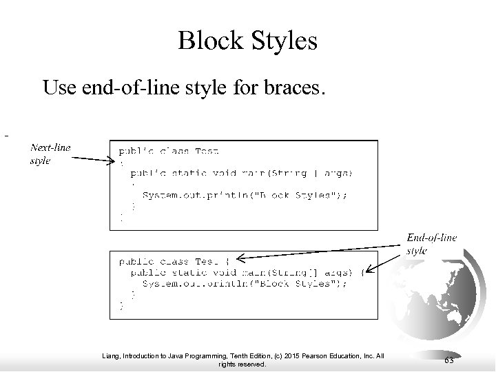 Block Styles Use end-of-line style for braces. Liang, Introduction to Java Programming, Tenth Edition,