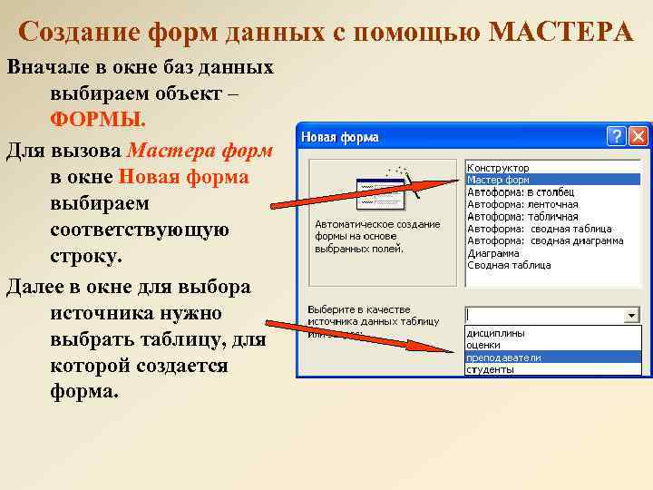 Использование данных форм. Создание БД С помощью мастера. Окно базы данных формы. Объект формы БД создается с помощью. База данных мастер форм.