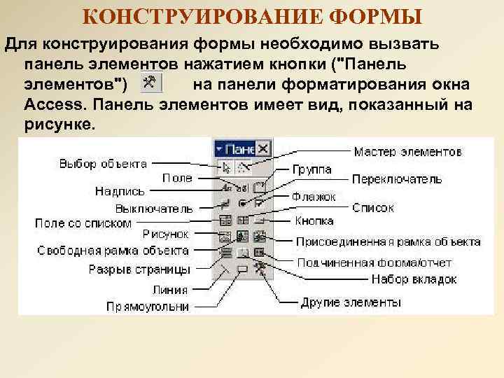 КОНСТРУИРОВАНИЕ ФОРМЫ Для конструирования формы необходимо вызвать панель элементов нажатием кнопки ("Панель элементов") на