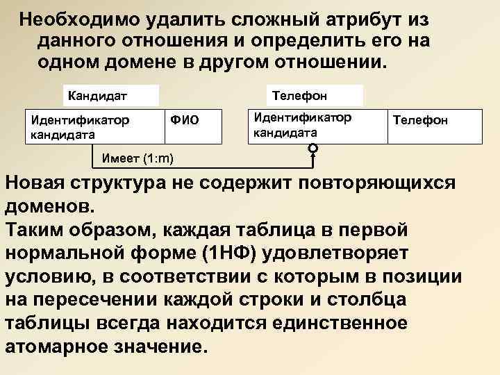 Необходимо удалить сложный атрибут из данного отношения и определить его на одном домене в